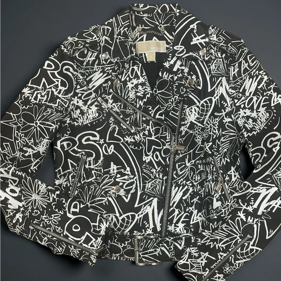 Michael Kors Graffiti Leather Black and White  Leather Moto Jacket SZ Small - Picture 3 of 10